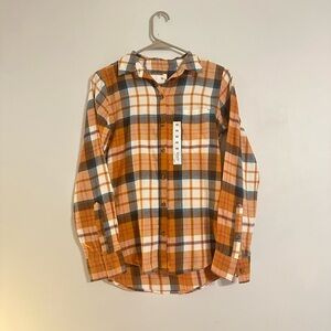 Women’s Kohls SO Orange Plaid flannel Shirt size XS New With Tags